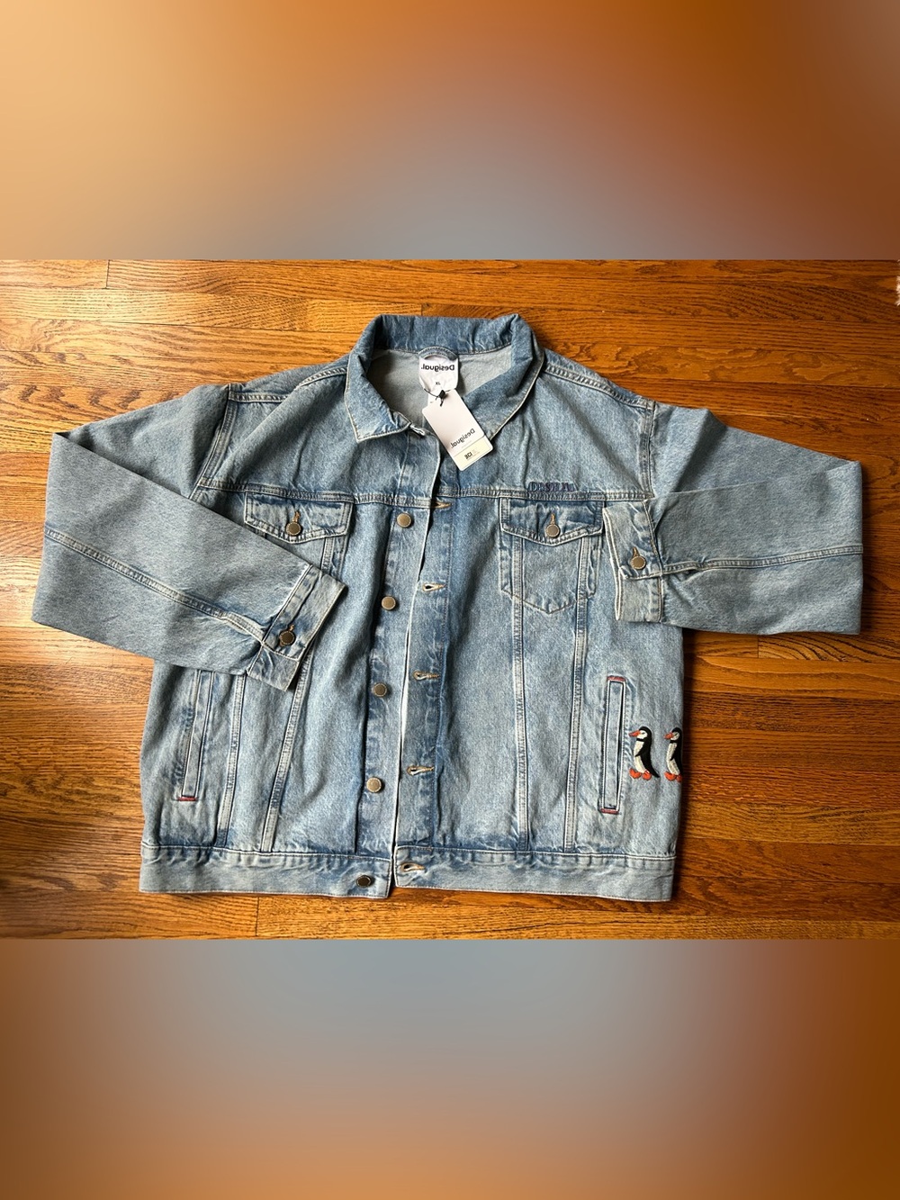 Desigual Light Blue Denim Jacket with Penguin Embroidery